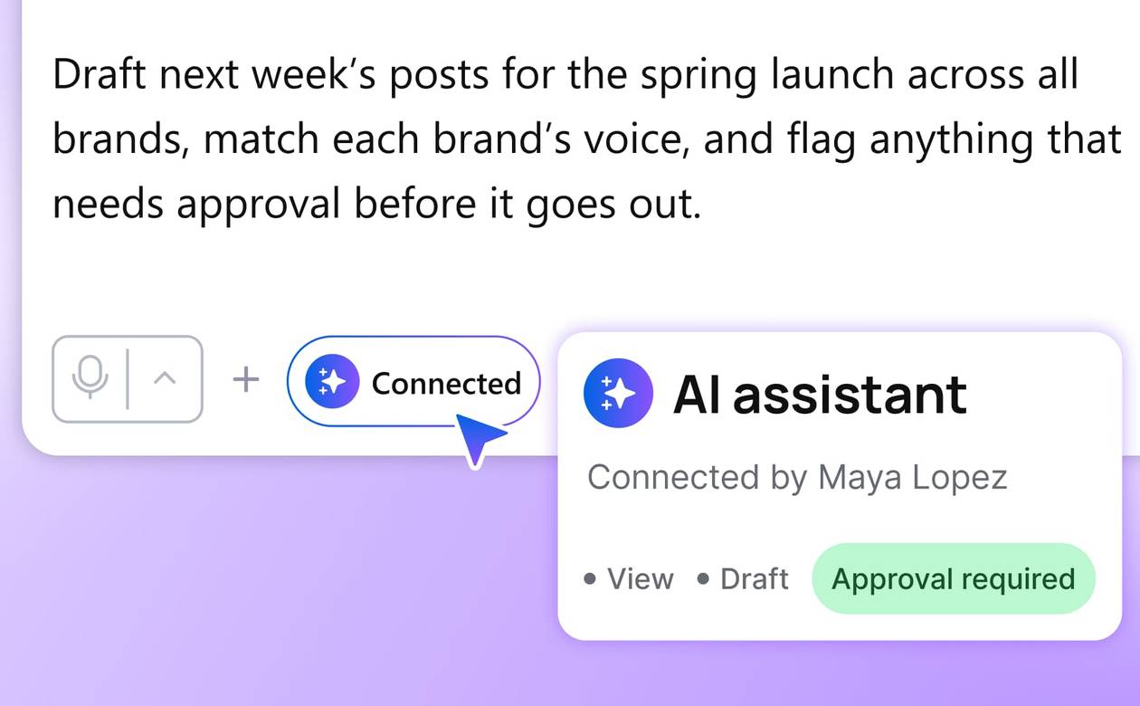 A header graphic depicting an AI assistant draft request with connection status and required approval badge.