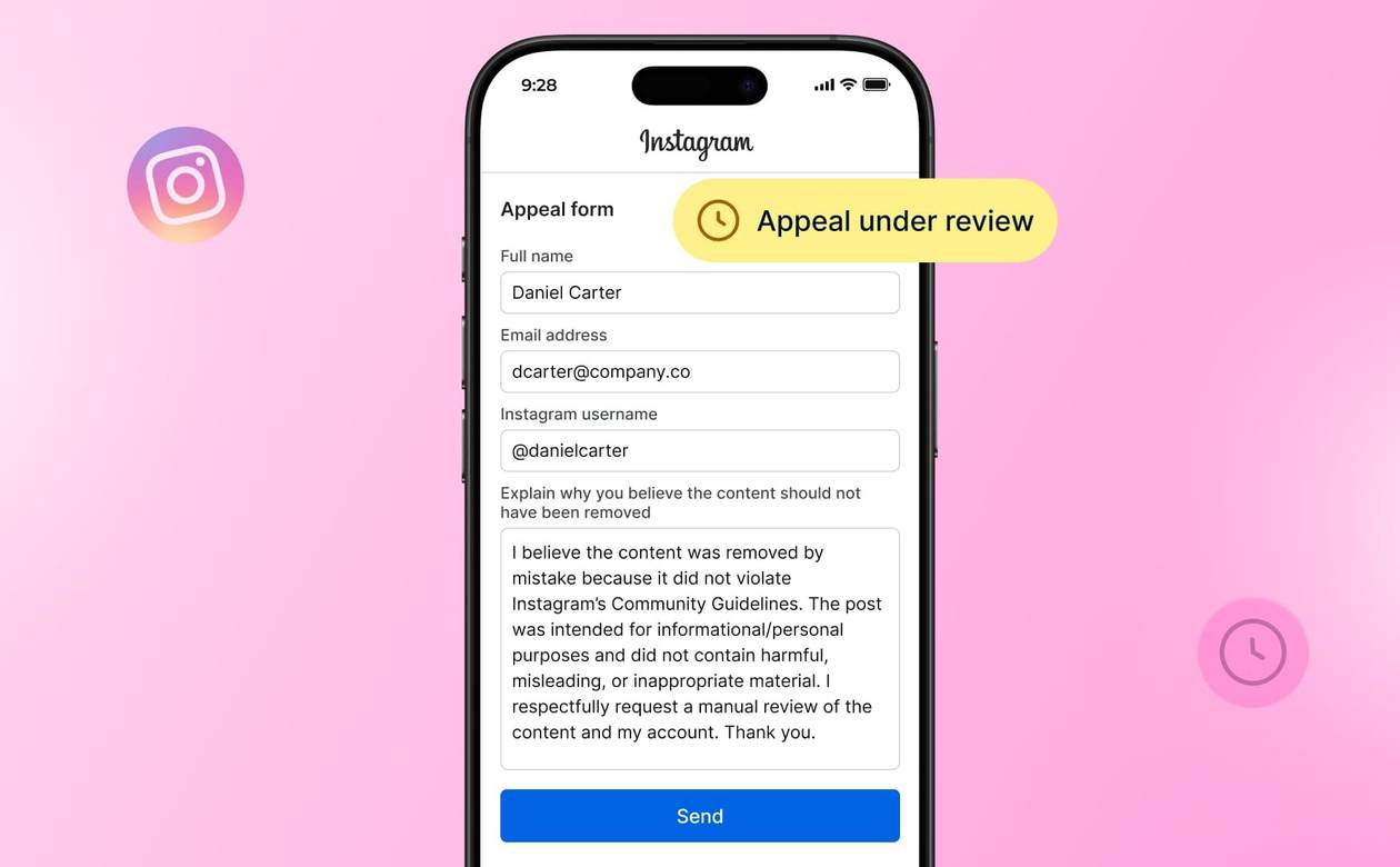 An illustration of the Instagram appeal form on a smartphone.